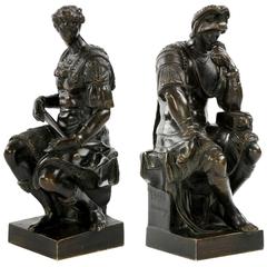 Small Bronze Bookend Sculptures, Lorenzo and Giuliano de' Medici, 19th Century