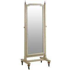 Neoclassical Style Distressed White Painted Antique Cheval Mirror, 20th Century