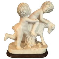19th Century Italian Carved Marble Putties Playing with Goat
