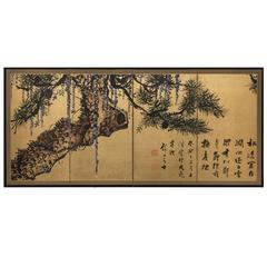 Japanese Four Panel Screen: Pine Tree and Wisteria with Writings from the Artist