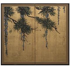 Japanese Two Panel Screen: Pine Tree and Wisteria