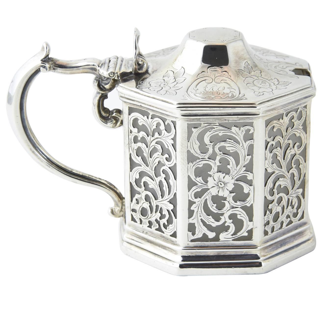 Early Victorian Pierced Sterling Mustard Pot by John Angell and George Angell For Sale