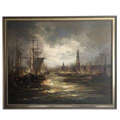 Impressionist Oil on Canvas Painting by Johannes Bévort, Harbor Scene 2
