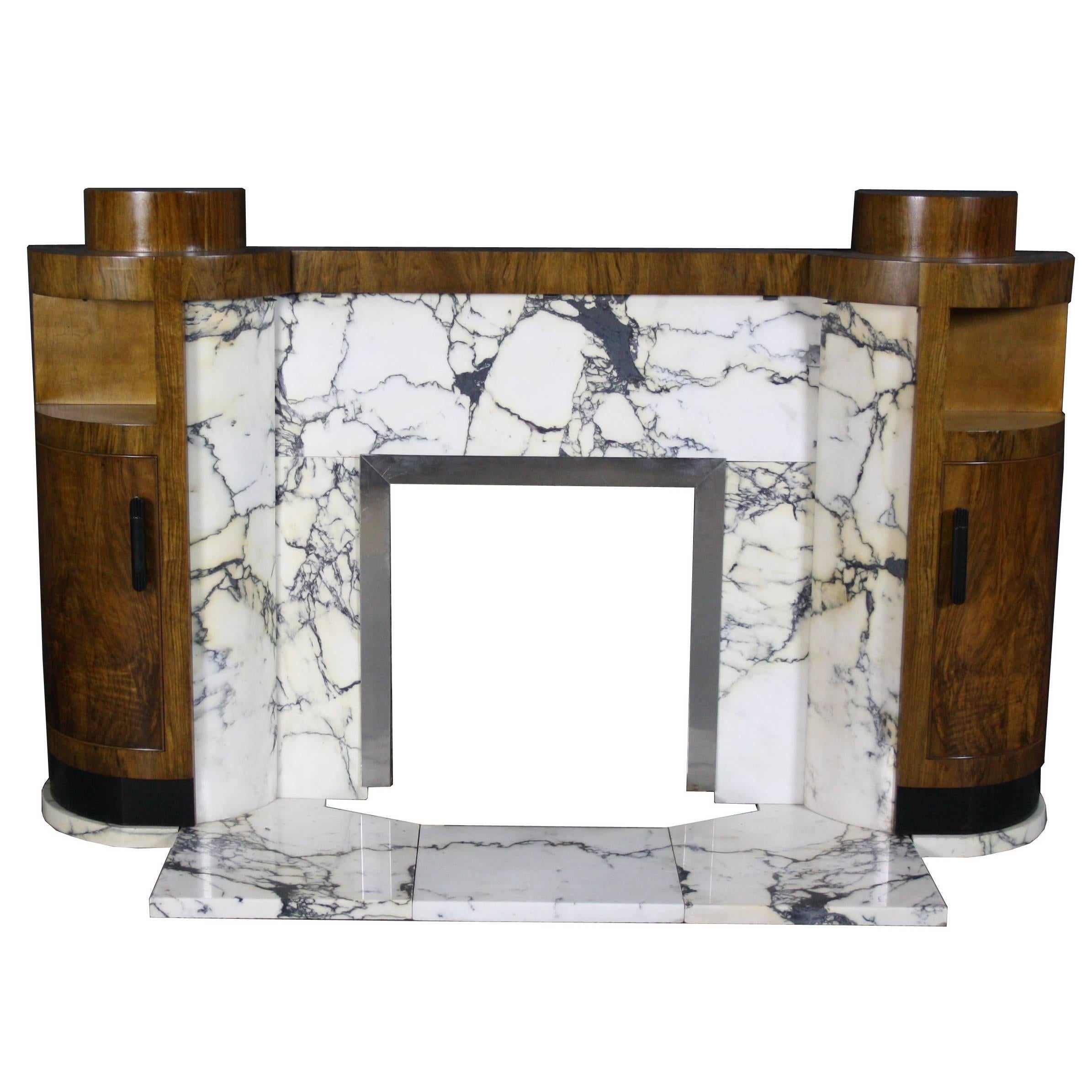Rare Art Deco Pavonazzo Marble and Walnut Fire Place