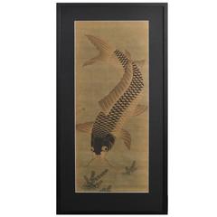 Framed Antique Japanese Painting of a Koi Carp on Silk, Edo Period 