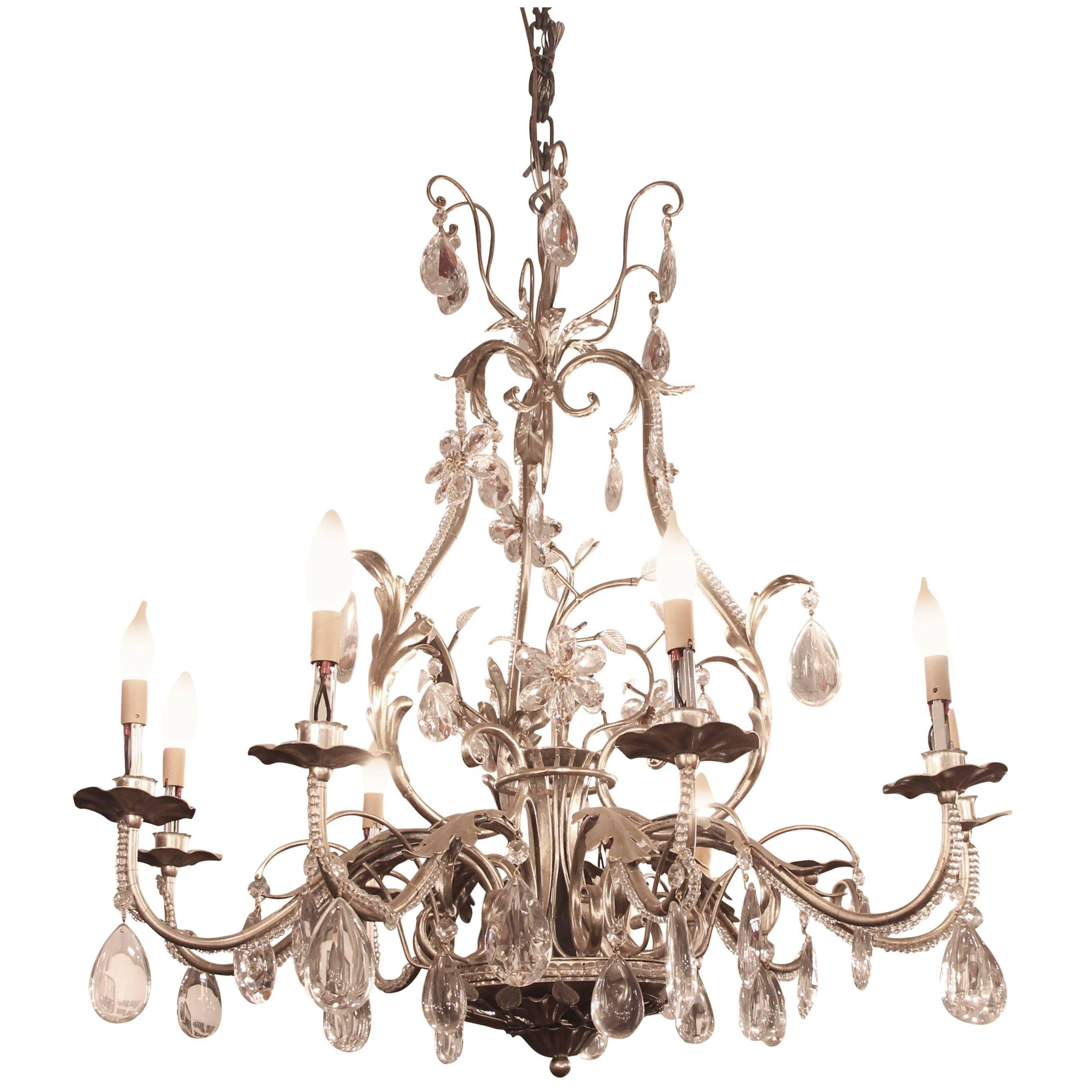 2005 Florentine Style Steel and Crystal Chandelier with Nine Arms