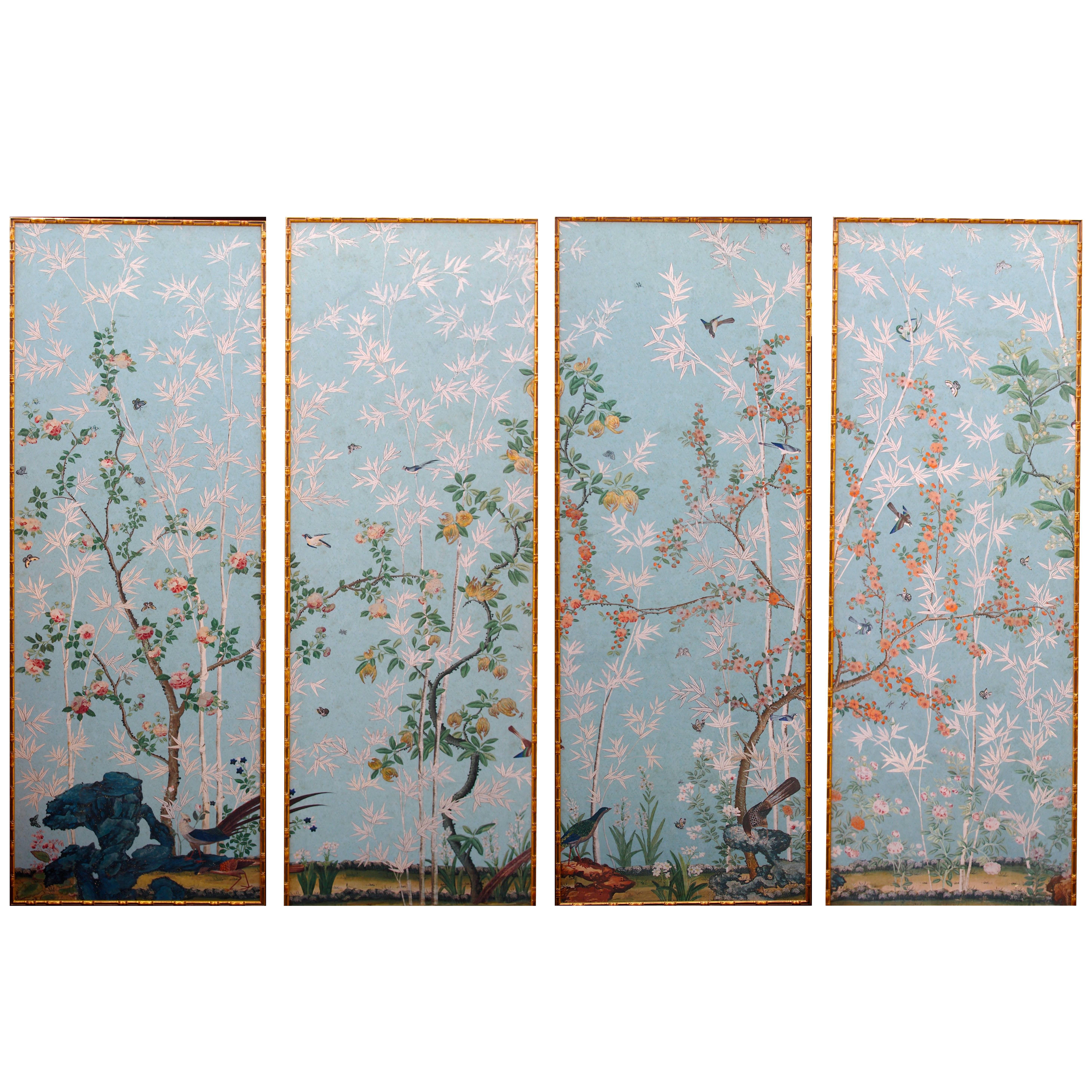 Set of Four High Wall Papers Framed, reproduction of Madame de Maintenon castle