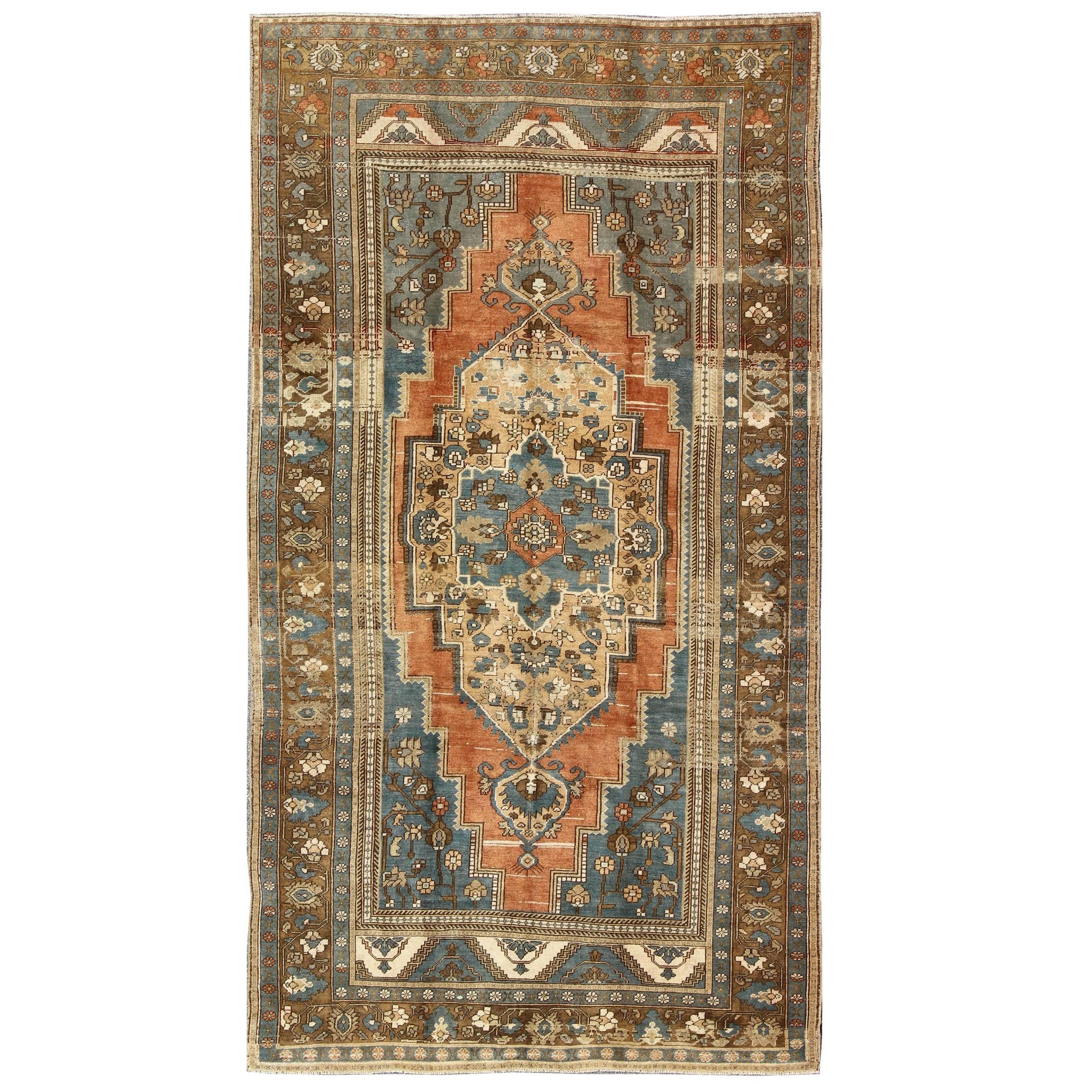 Antique Turkish Colorful Oushak Gallery Rug In Blue Brown & Terra-cotta For Sale