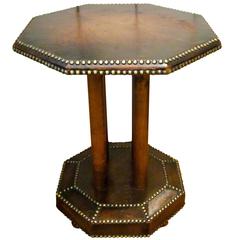 Arts and Crafts Hexagonal Leather Top and Base Side Table, England, 1930s