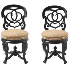 Antique Pair of Black Lacquered Carved Wood Chairs