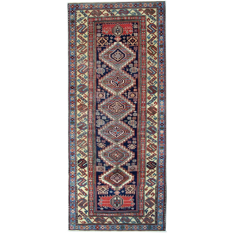 Antique Rug Runner Wool Oriental Rug Caucasian Hand Made Carpet for