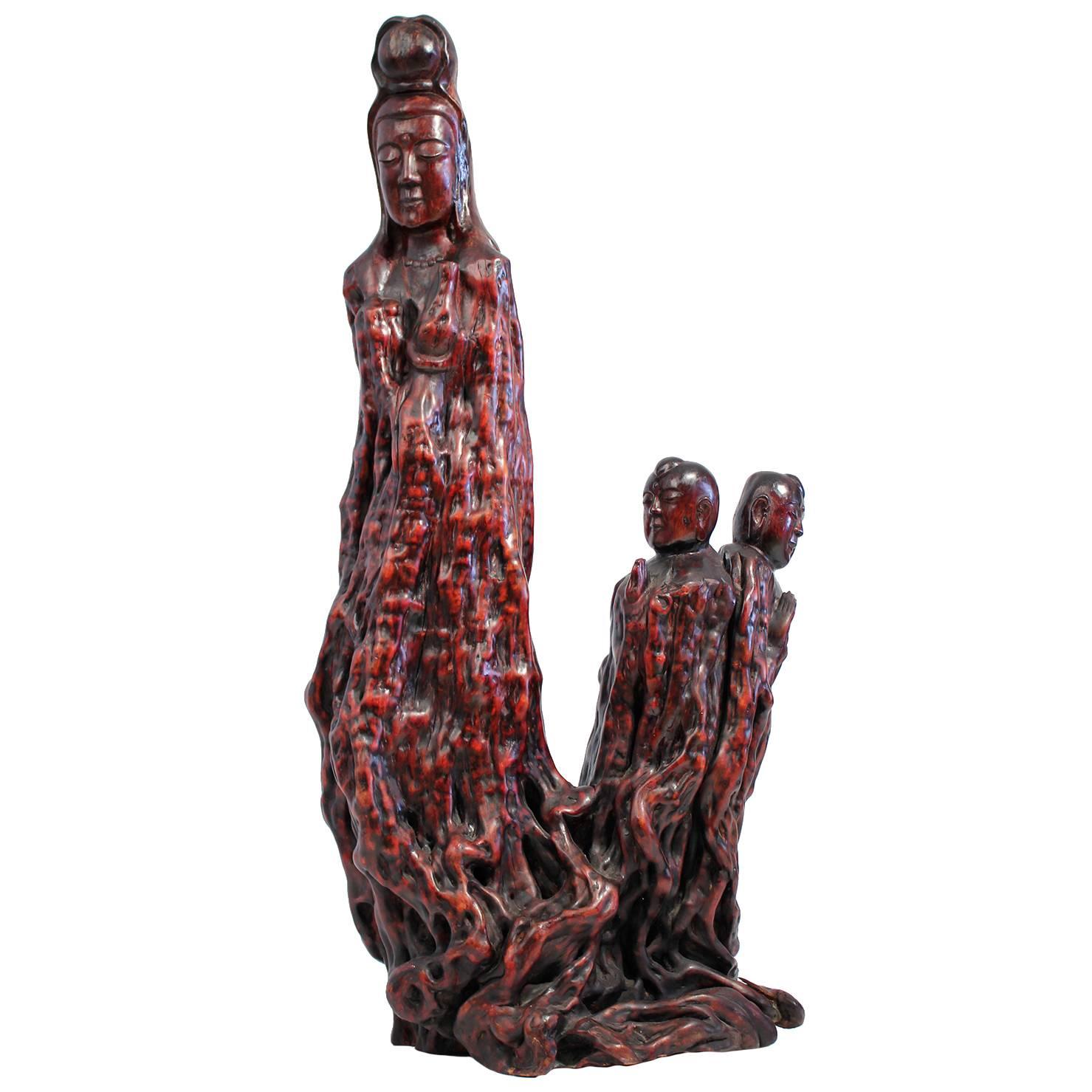 Large Chinese Carved Root Wood Guan Yin Sculpture