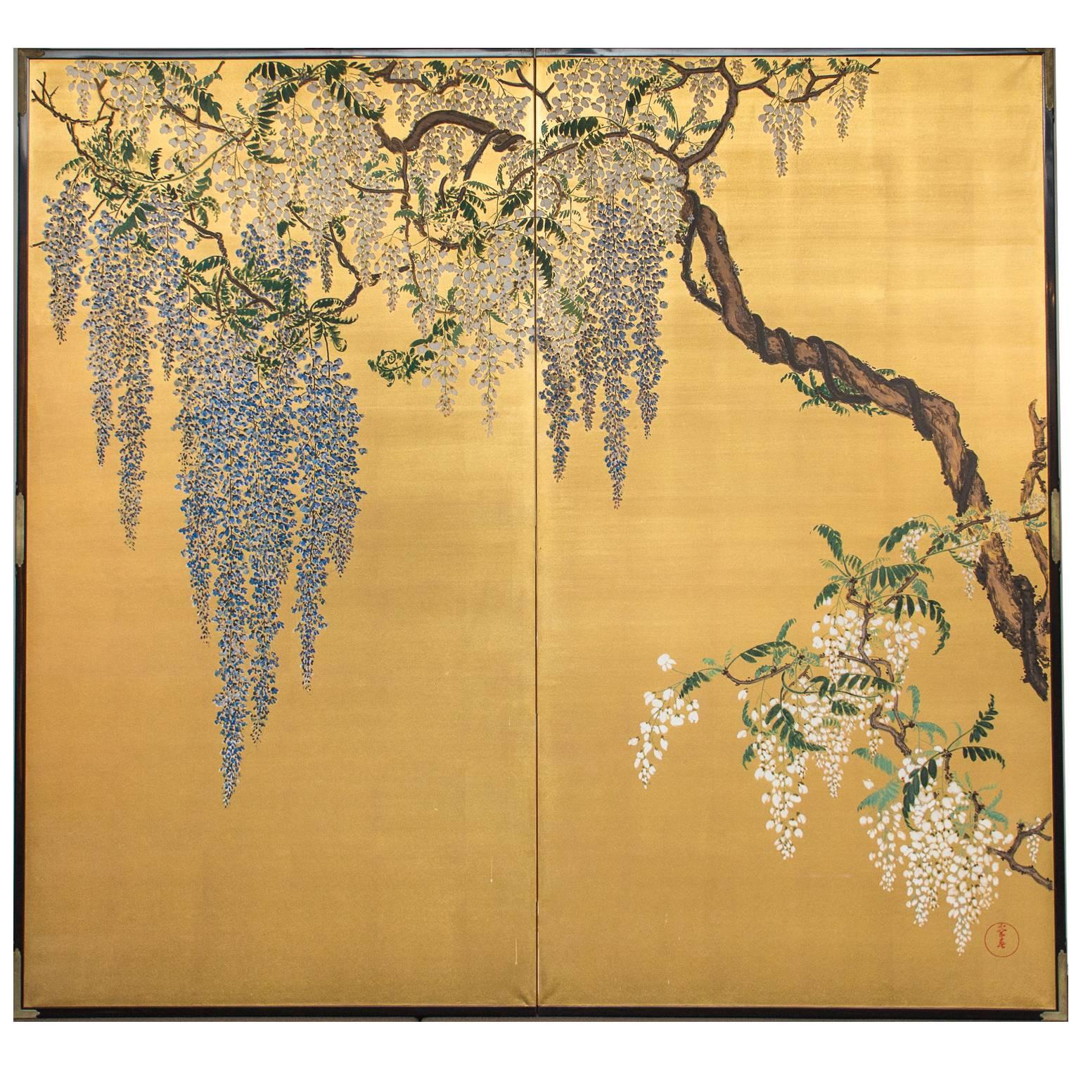 Japanese Two Panel Screen: Wisteria on Gold