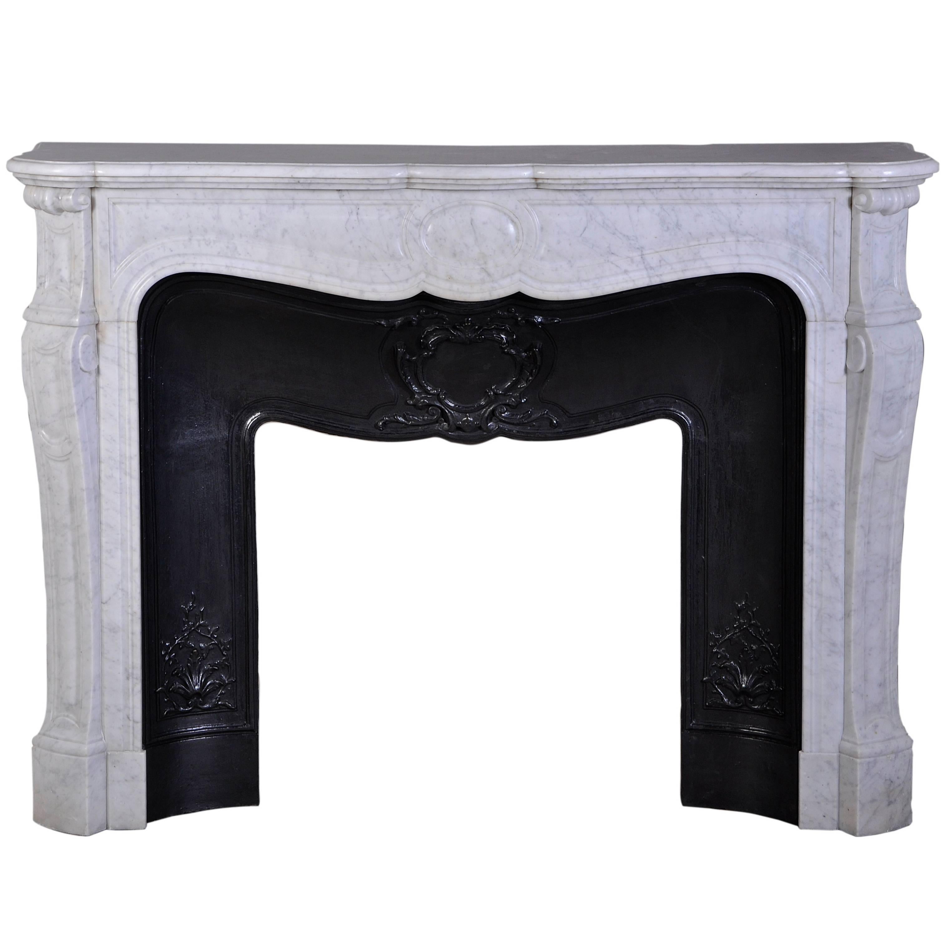 Antique Pompadour Style Fireplace, White Carrara Marble with Cast Iron Insert