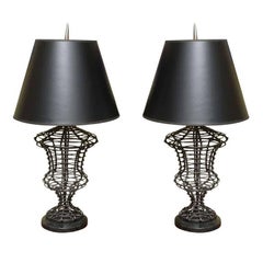 Pair of Maitland Smith Sculptural Urn Form Wire and Marble Table Lamps