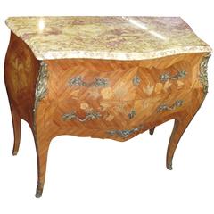 French Louis XV Style Marquetry Inlaid Marble-Top Bombe Commode Chest