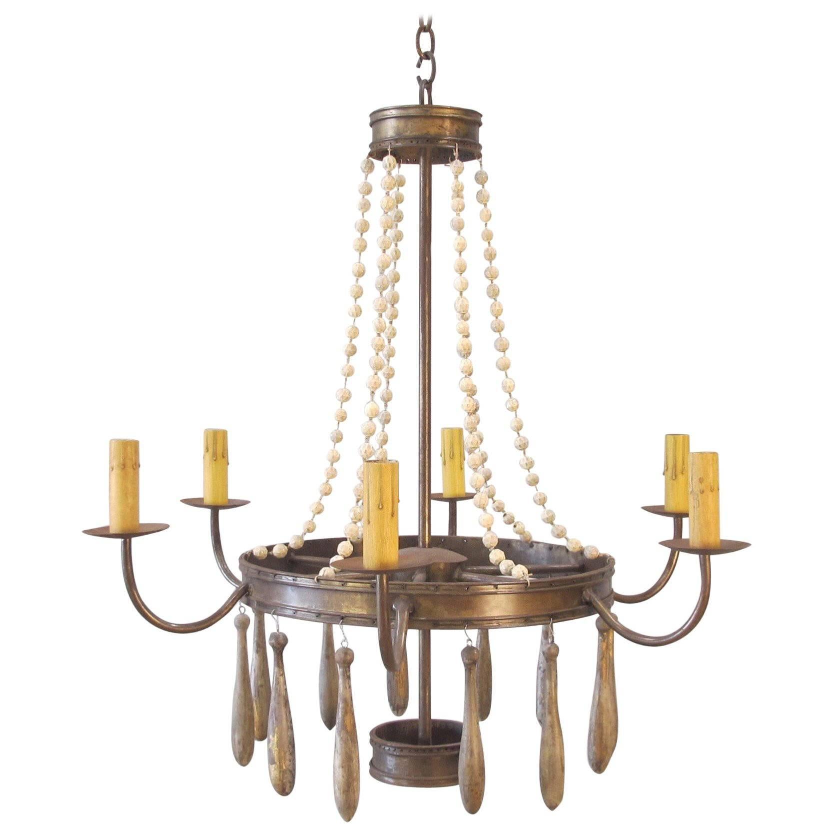 Iron Chandelier with Vintage Glass Beads and Wood Drops For Sale