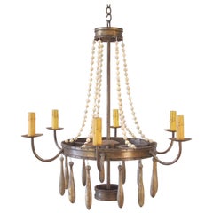 Iron Chandelier with Vintage Glass Beads and Wood Drops