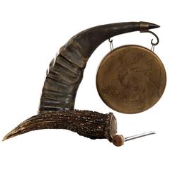 19th Century Red Stag Antler and Water Buffalo Horn Copper Gong