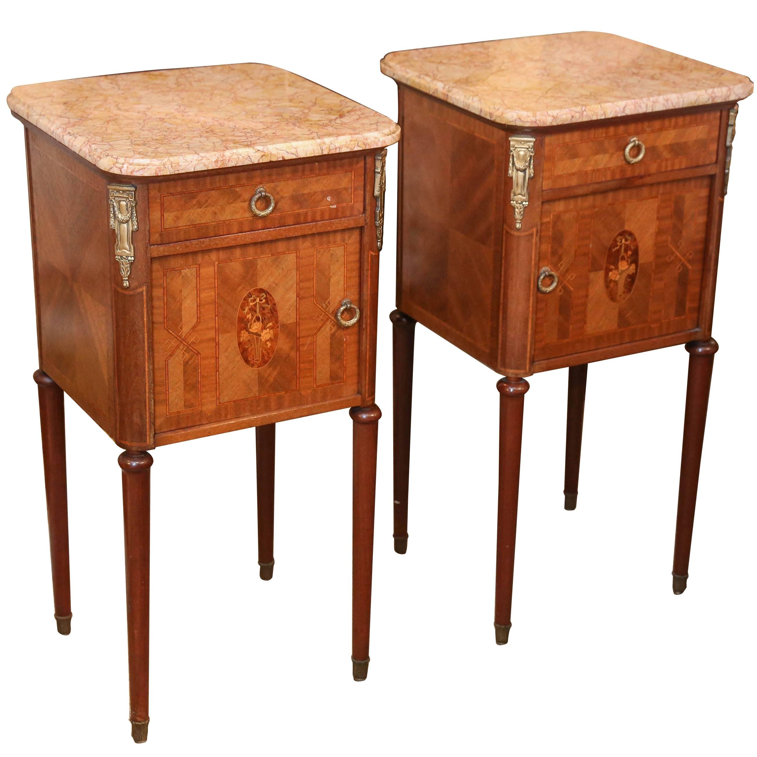 Pair of French Bedside Cabinets, 20th Century Kingwood with Marble Tops