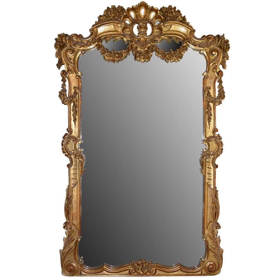 Antique Large French Gold Gilded Wood Mirror For Sale at 1stdibs