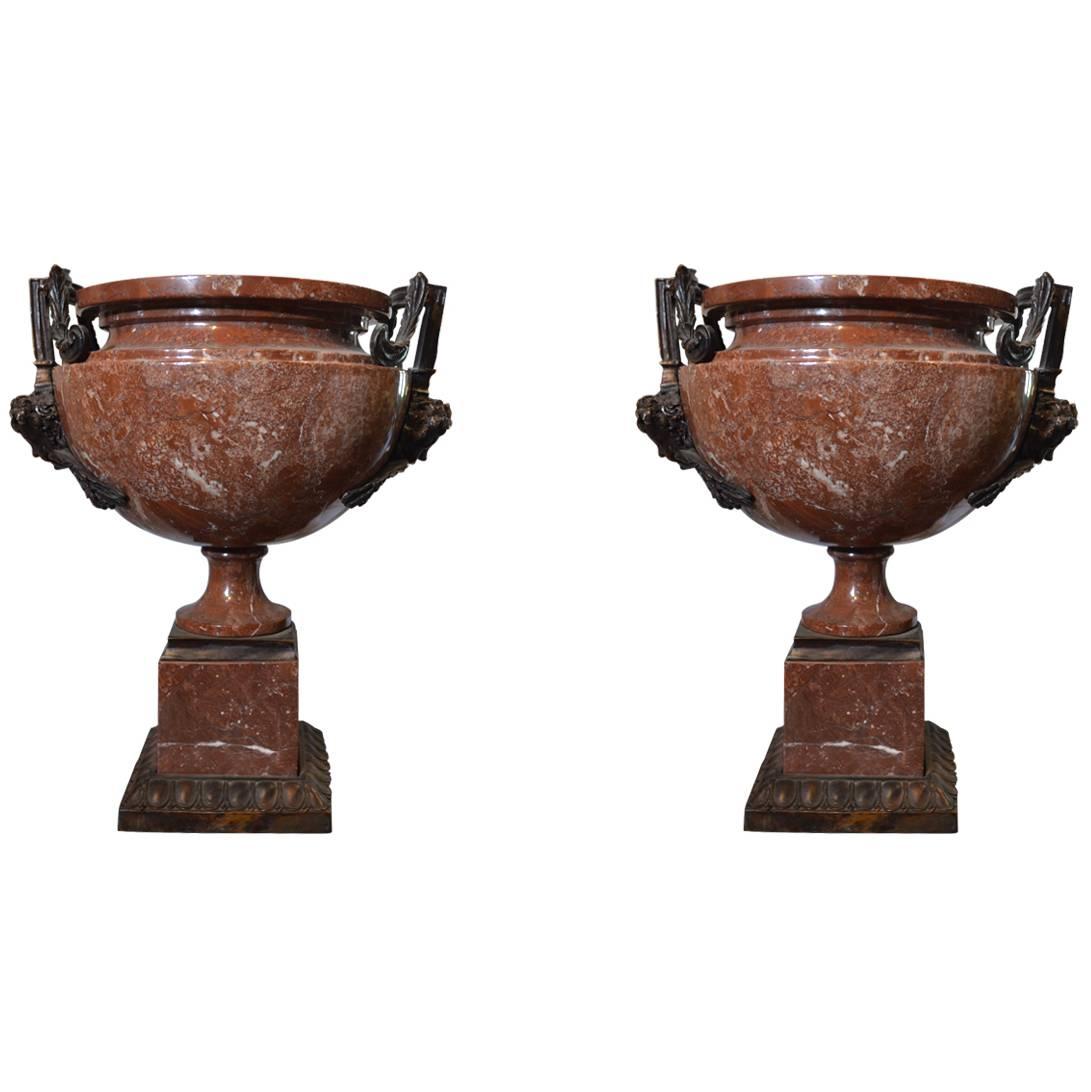 Pair of Rough Marble and Bronze Planters