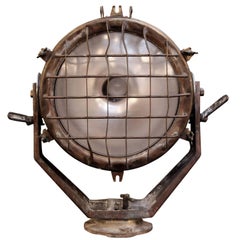 1930s Adjustable Large Brass Ship Spotlight with Wire Cage