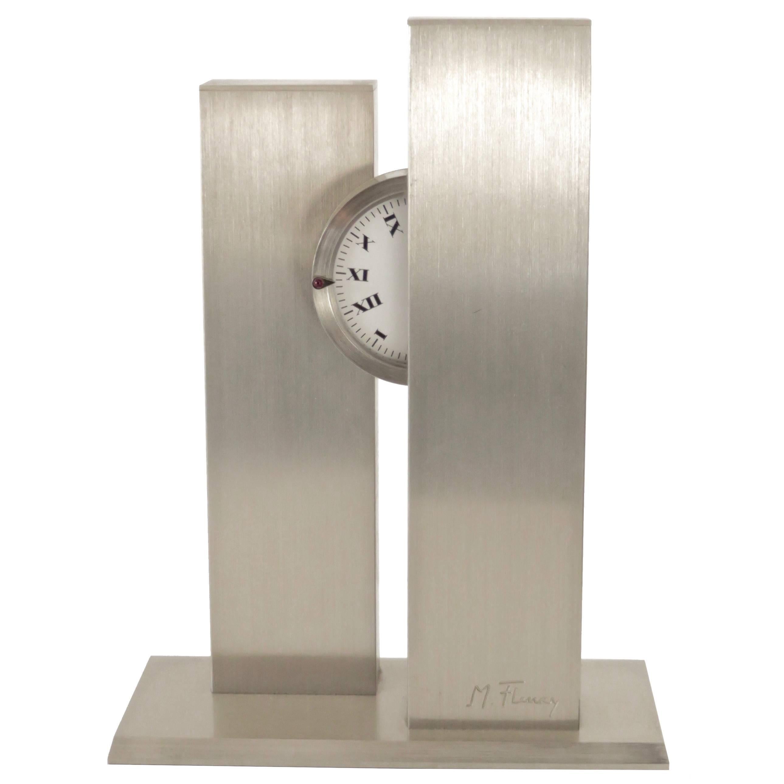 French Sculptural c1970s Stainless Steel Clock by Michel Fleury