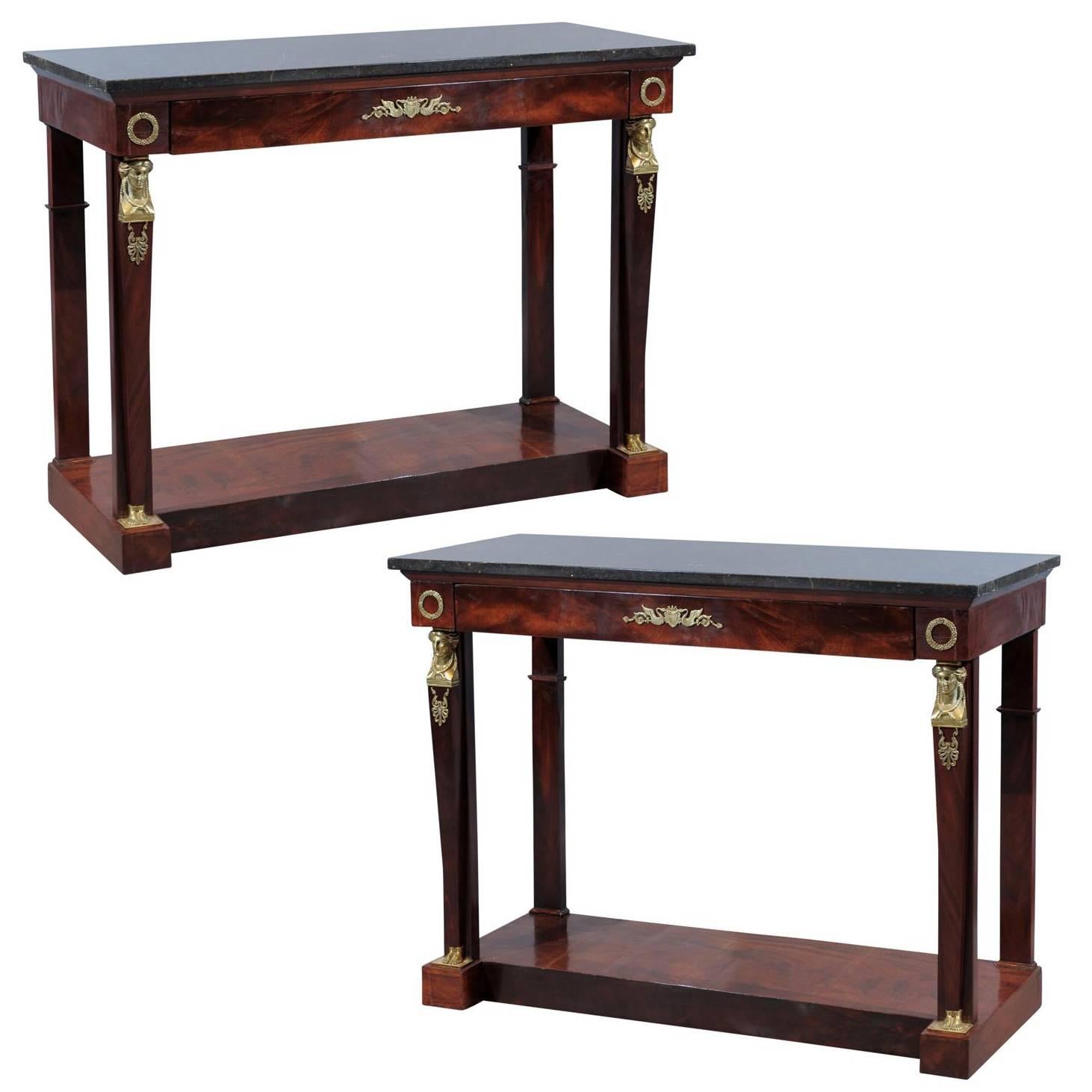 Pair of 19th Century French Empire Mahogany Consoles with Grey Marble Tips