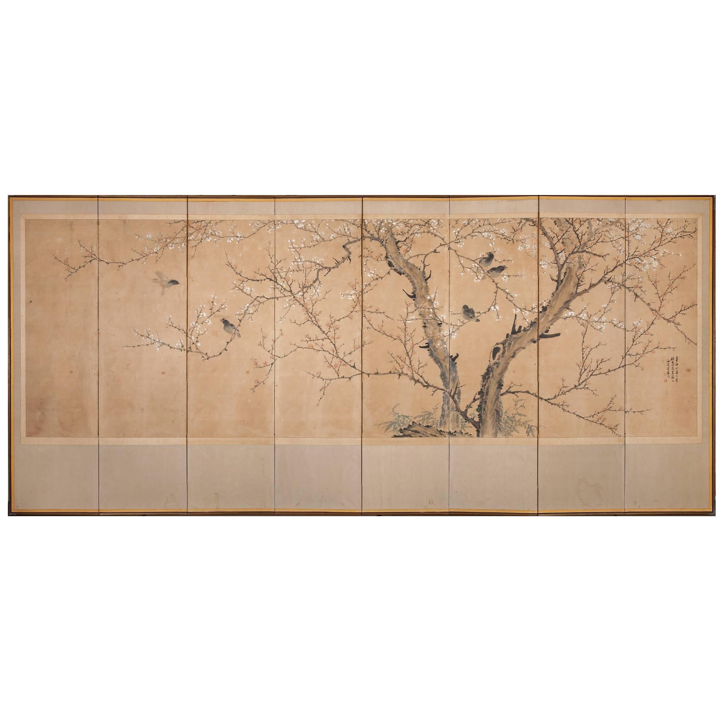 Korean Screen Early Spring Painting of Cherry Blossoms and Starling-Type Birds
