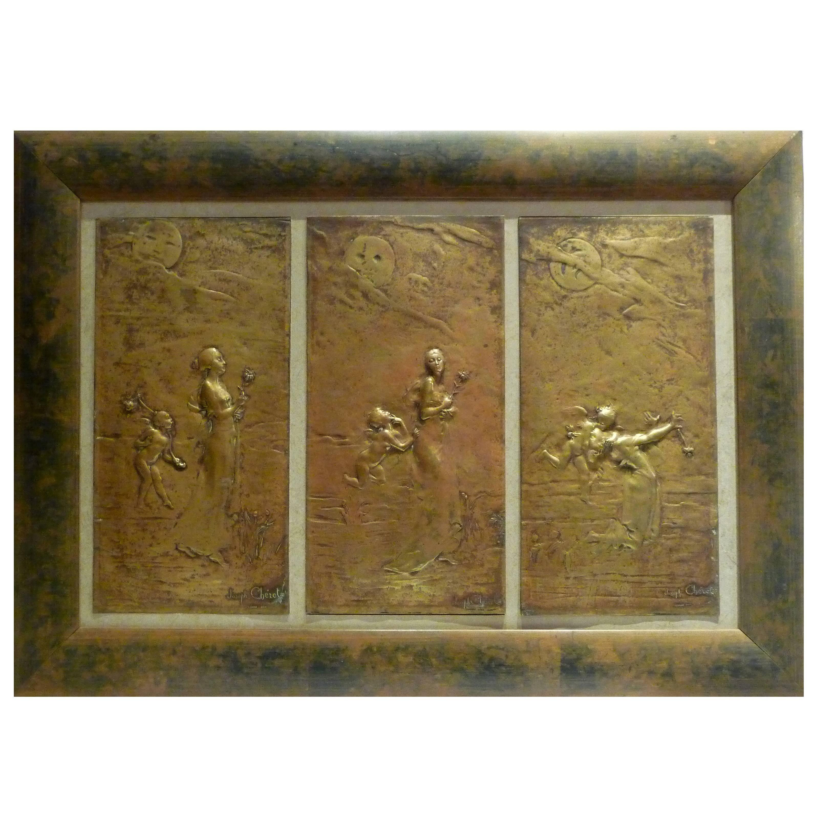 Gustave-Joseph Chéret, an Art Nouveau Patinated Bronze Triptych, Signed For Sale