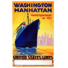 Original 1930s United States Lines Cruise Ship Poster, Washington, Manhattan
