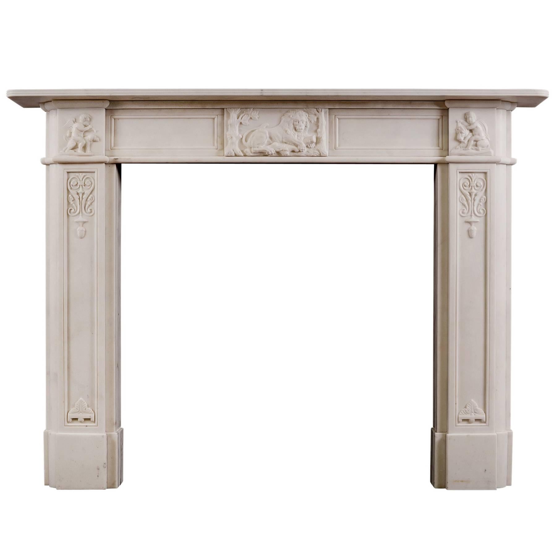 Extraordinary Antique Statuary Marble Fireplace Carved in High Relief