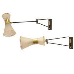 Vintage Two Mid-Century Modern French Design Brass and Glass Wall Lamps Sconces