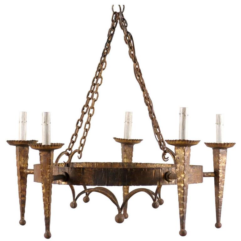 A French Gilded Iron 5 Torch Light Circular Ring Chandelier with