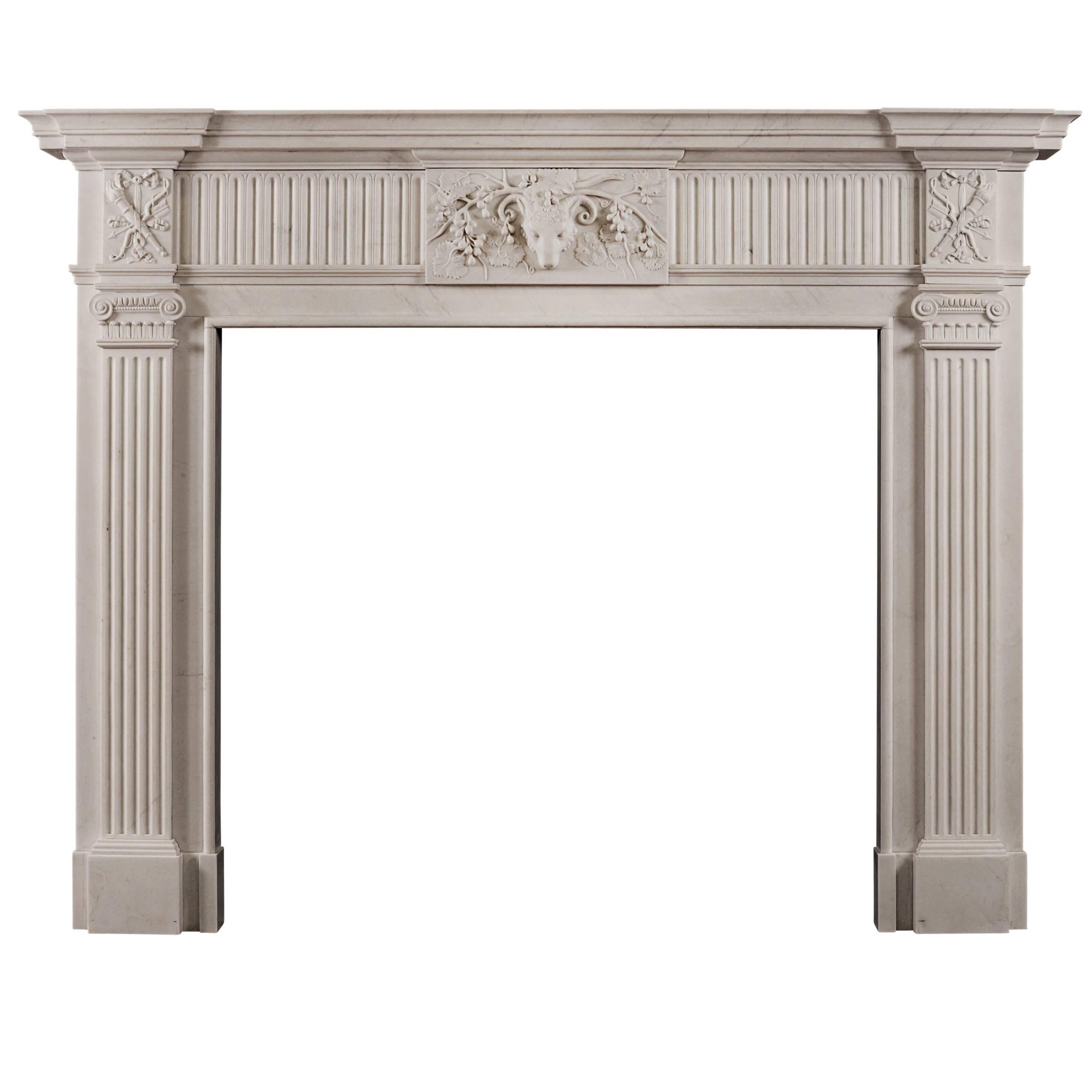 Georgian Style White Marble Chimneypiece with Rams Head to Centre Plaque For Sale