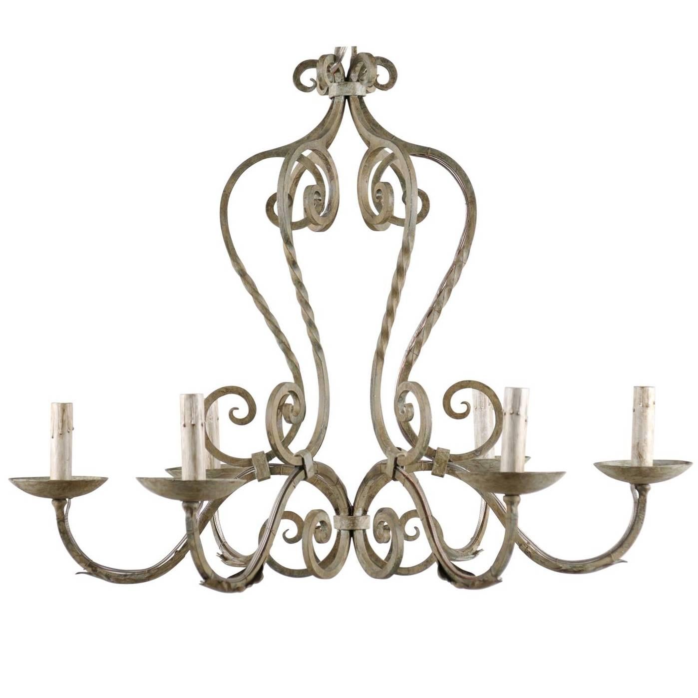 French Vintage Painted Iron 6 Light Chandelier with S-Scrolls Neutral Grey Color For Sale