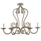 French Vintage Painted Iron 6 Light Chandelier with S-Scrolls Neutral Grey Color