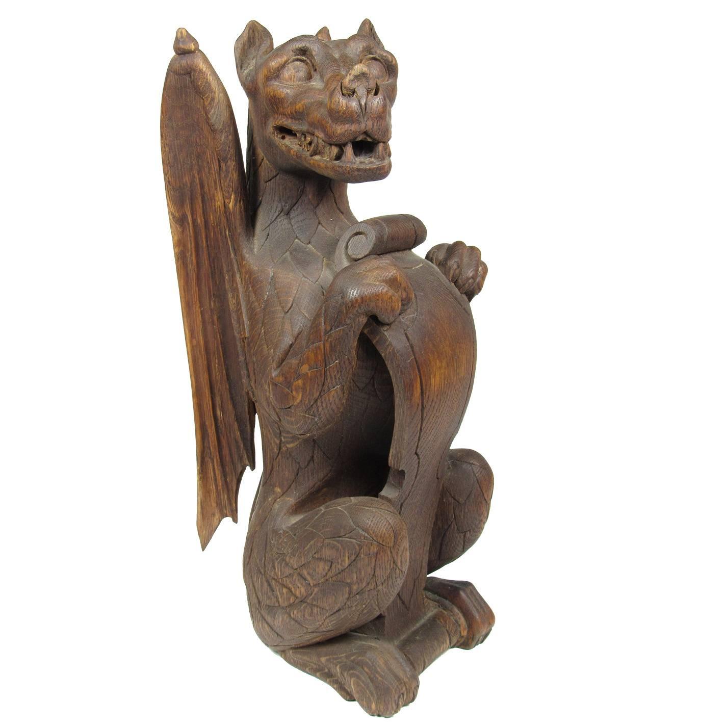 Rare 19th Century Carved Wood Figure of a Dragon Holding a Shield For Sale