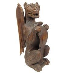 Rare 19th Century Carved Wood Figure of a Dragon Holding a Shield