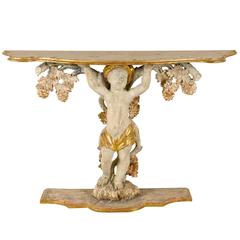 An Exquisite Italian 18th C. Putto Console with Gilded Wood and Grapevine Motif