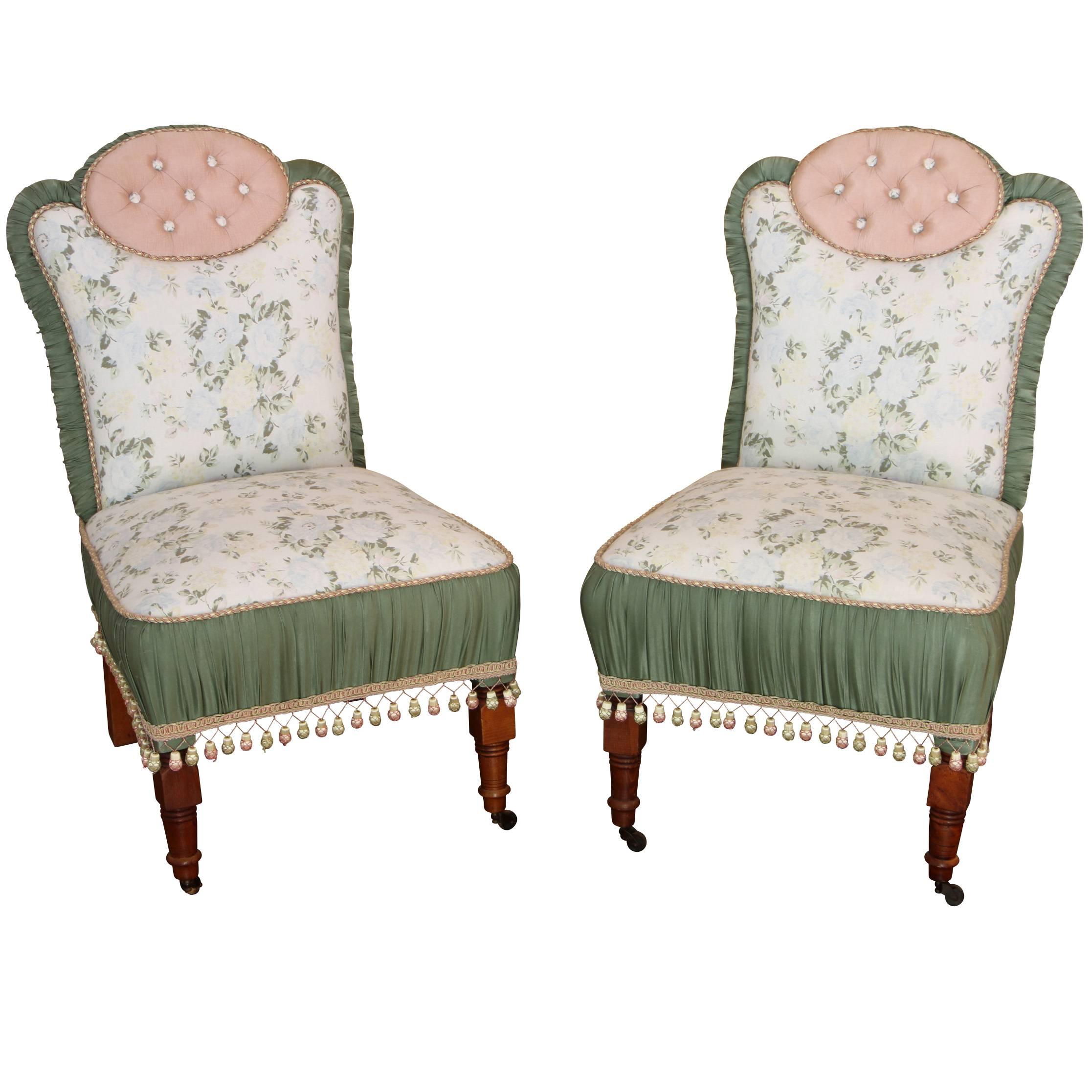 Pair of Antique Custom Upholstered Slipper Chairs
