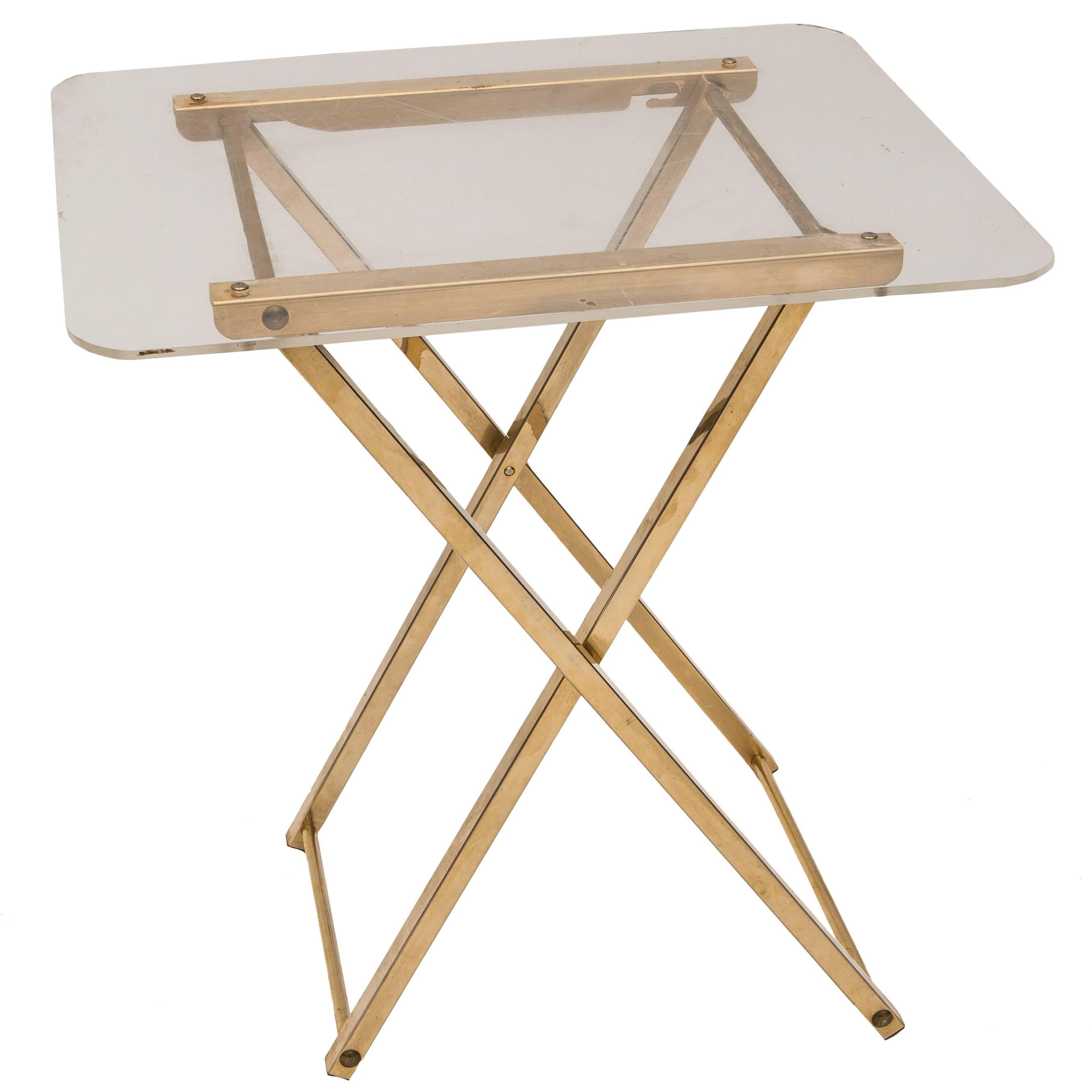 Italian Mid Century Modern Lucite and Brass Folding Table For Sale