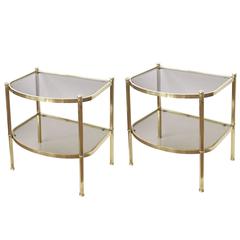 Good Quality Pair of French 1970s Brass and Smoked Glass Bow-Front Side Table