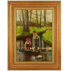 'Children by the Brook' a Charming Oil by Well Listed Henry Ihlefeld