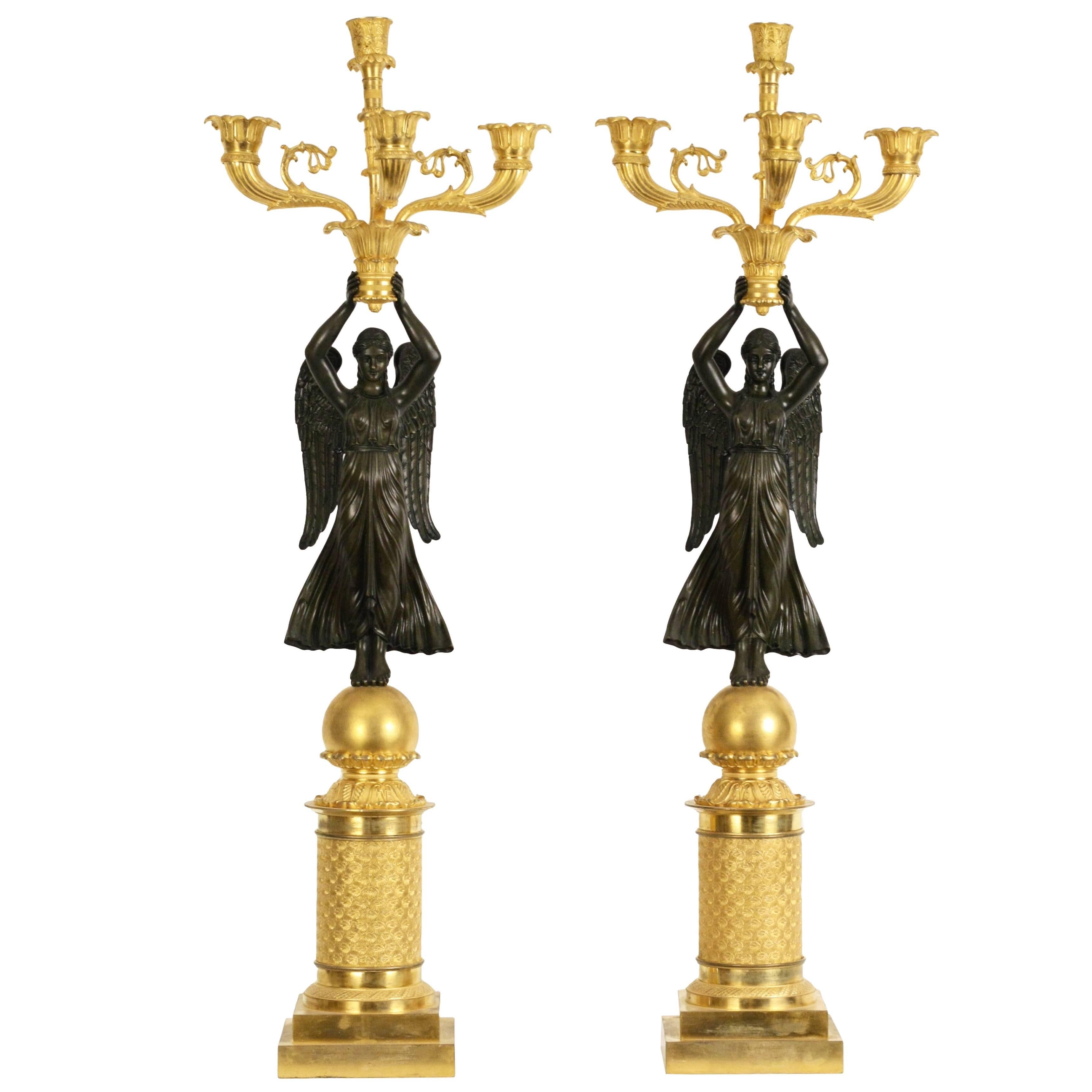 Pair of Empire Gilt Bronze Figural Winged Candelabra, 19th Century