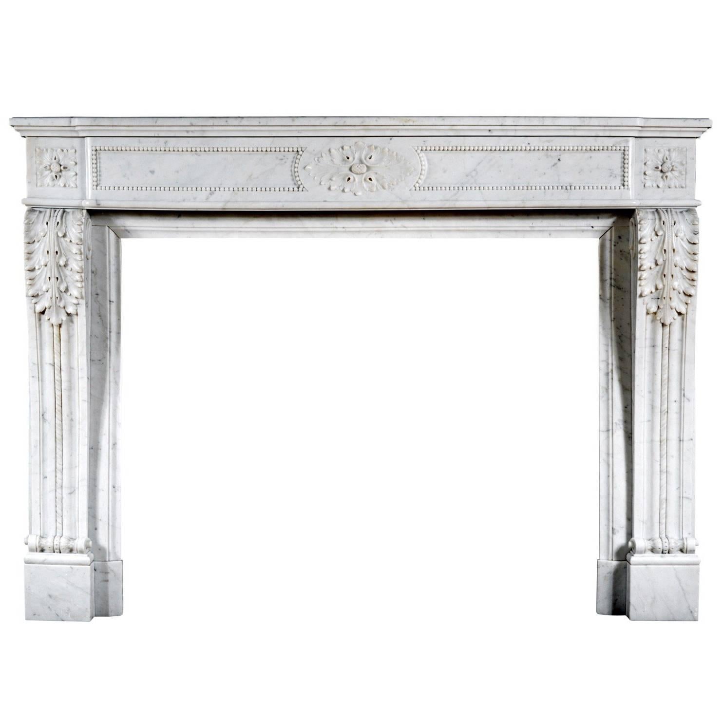 French Louis XVI Style Antique Fireplace in Carrara Marble