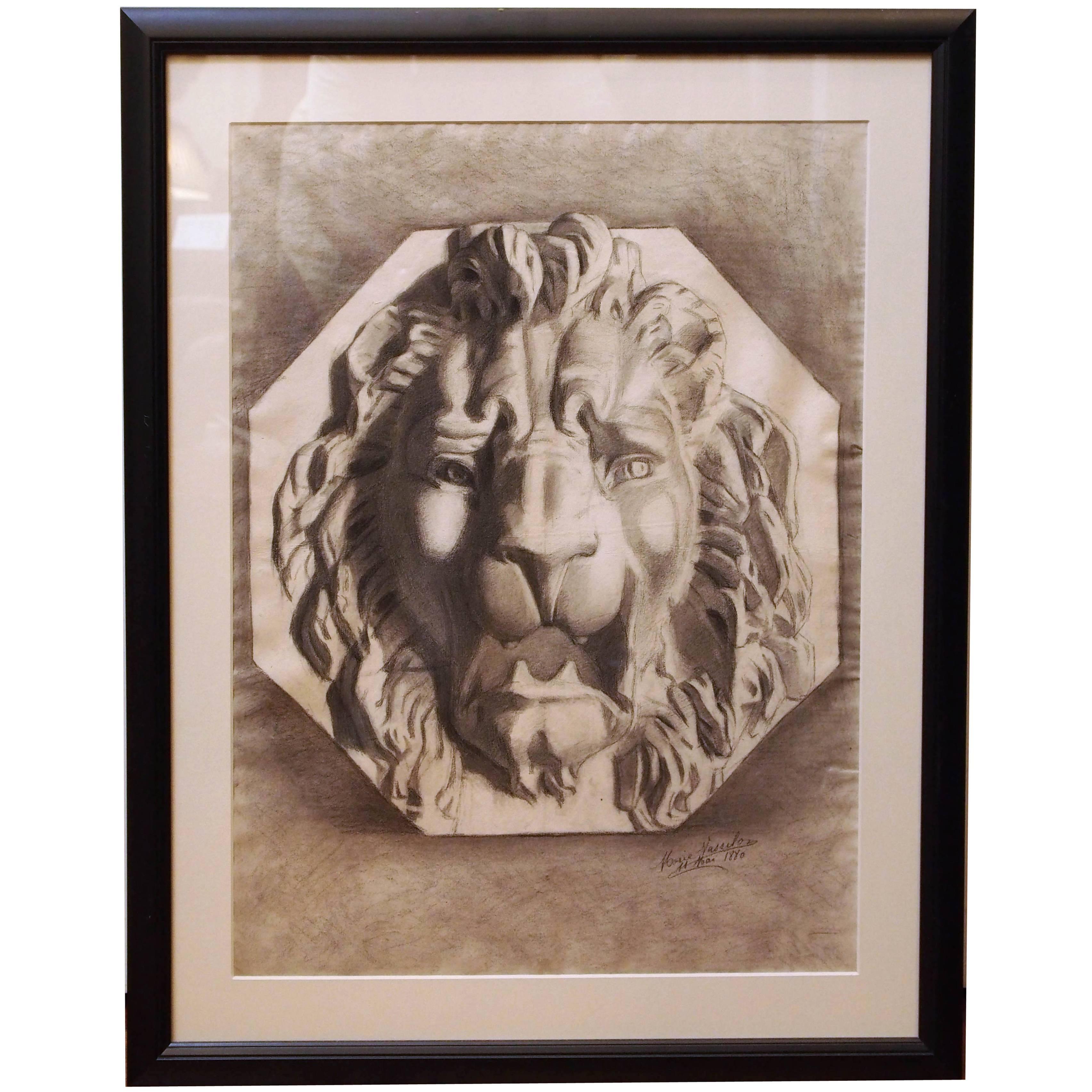 French Academy Drawing of a Lions Head For Sale
