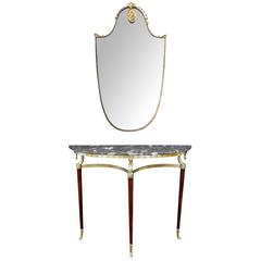 Chic Italian Gilt Bronze Demilune Console Table with Matching Shield-Form Mirror