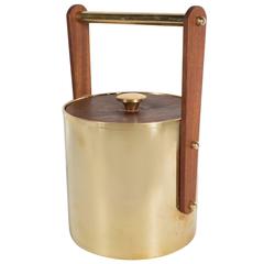 Italian Mid-Century Polished Brass Ice Bucket with Walnut Handle and Top